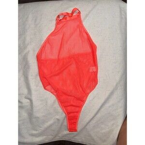 Womens One Piece Bodysuit Bikini Mesh Sheer Neon Orange Thong Swimsuit Club